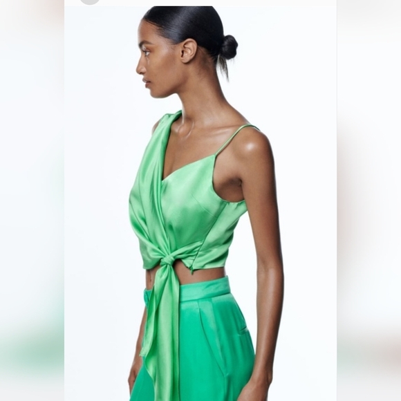 ZARA Intense Green Sstin Effect Asymmetric Wrap Front Tie Top. Size Small - Picture 4 of 14